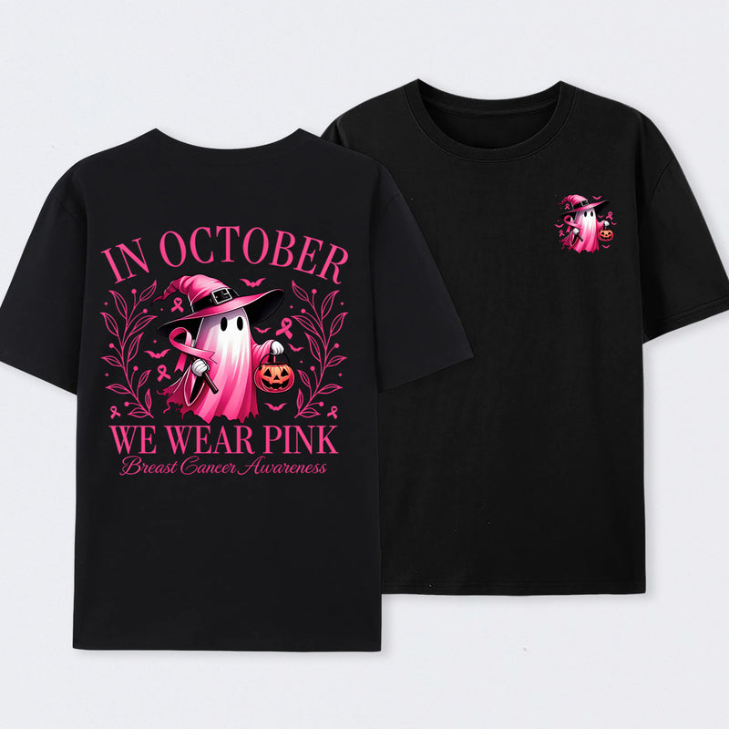 In October We Wear Pink Ghost Halloween Breast Cancer Awareness T-Shirt