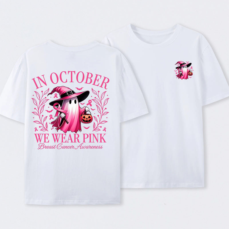 In October We Wear Pink Ghost Halloween Breast Cancer Awareness T-Shirt