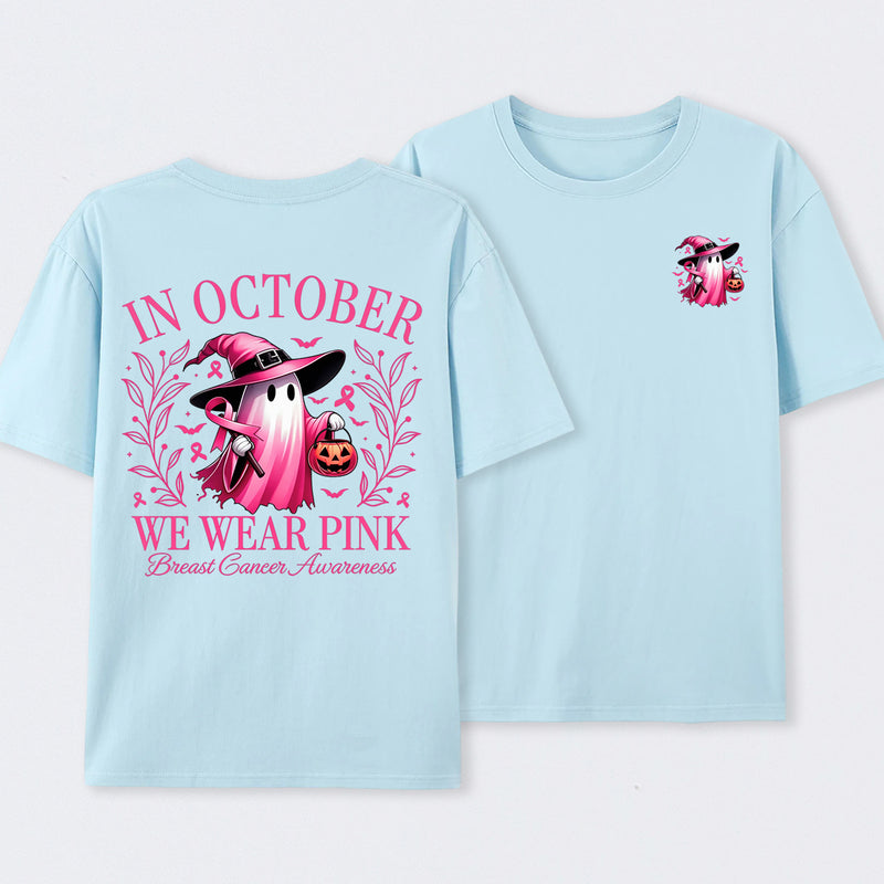 In October We Wear Pink Ghost Halloween Breast Cancer Awareness T-Shirt