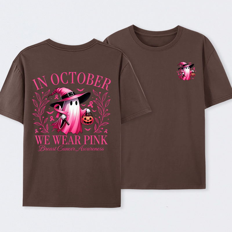 In October We Wear Pink Ghost Halloween Breast Cancer Awareness T-Shirt