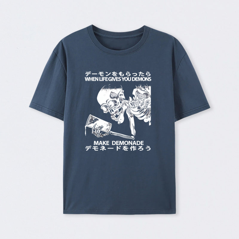 Demon Skeleton Holding Glass With Text T-Shirt