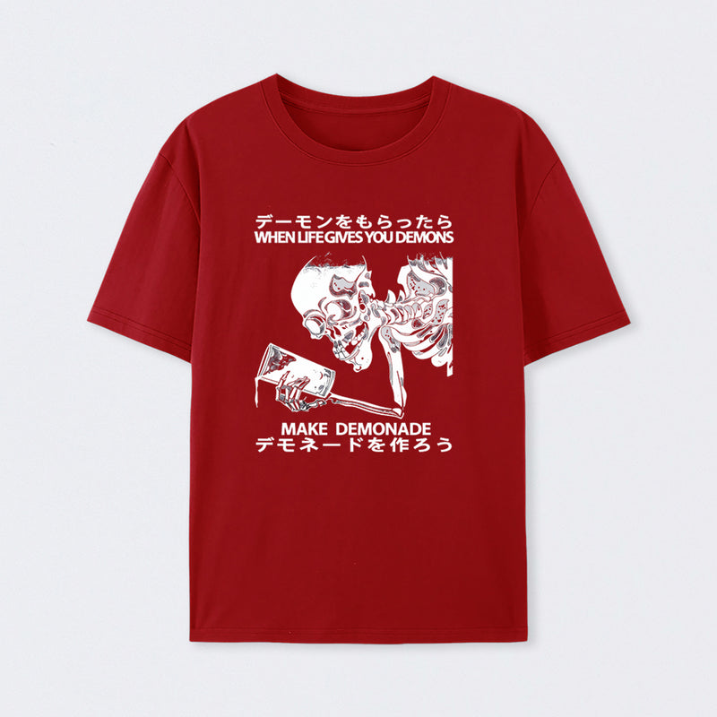 Demon Skeleton Holding Glass With Text T-Shirt