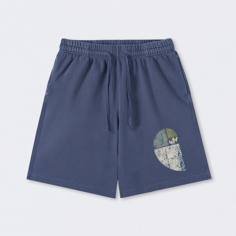 Distressed Fibonacci Spiral Graphic Washed Shorts