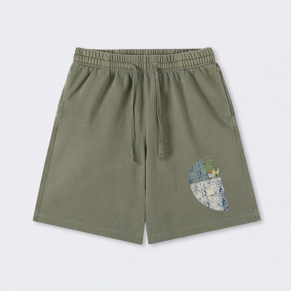 Distressed Fibonacci Spiral Graphic Washed Shorts