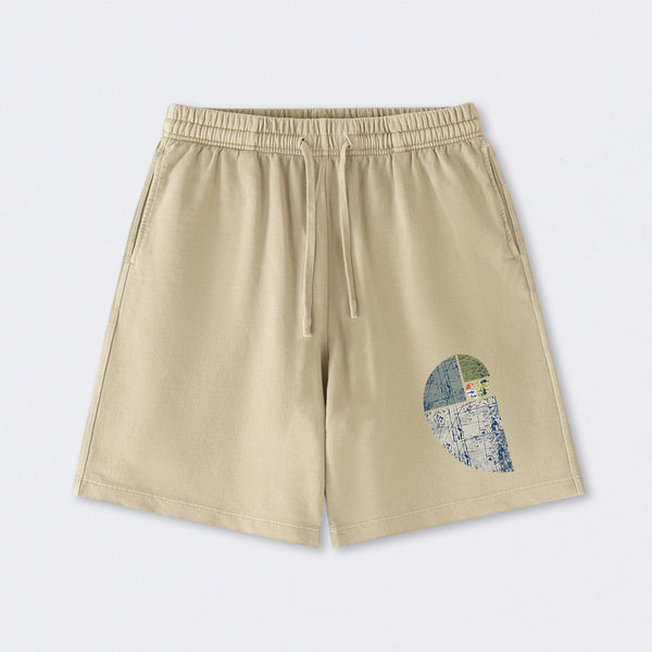 Distressed Fibonacci Spiral Graphic Washed Shorts