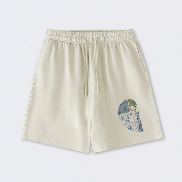 Distressed Fibonacci Spiral Graphic Washed Shorts