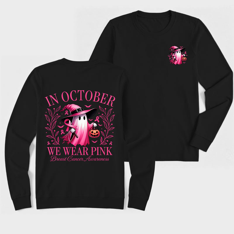 In October We Wear Pink Ghost Halloween Breast Cancer Awareness Long Sleeve T-Shirt