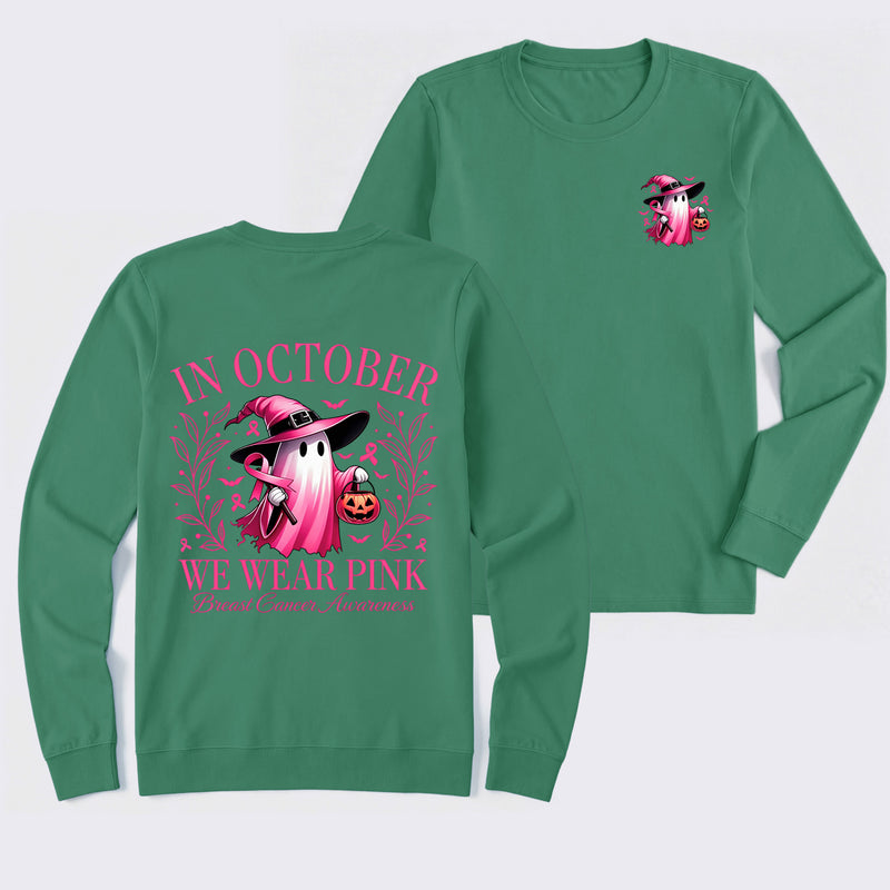 In October We Wear Pink Ghost Halloween Breast Cancer Awareness Long Sleeve T-Shirt