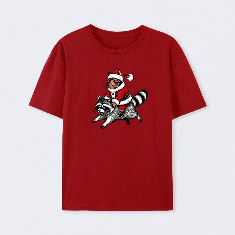 Santa Cat on A Raccoon T-Shirt