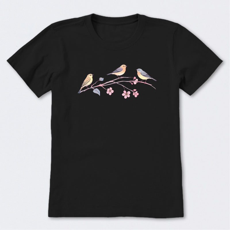 Three Little Birds on Flowers Short Sleeve T-Shirt
