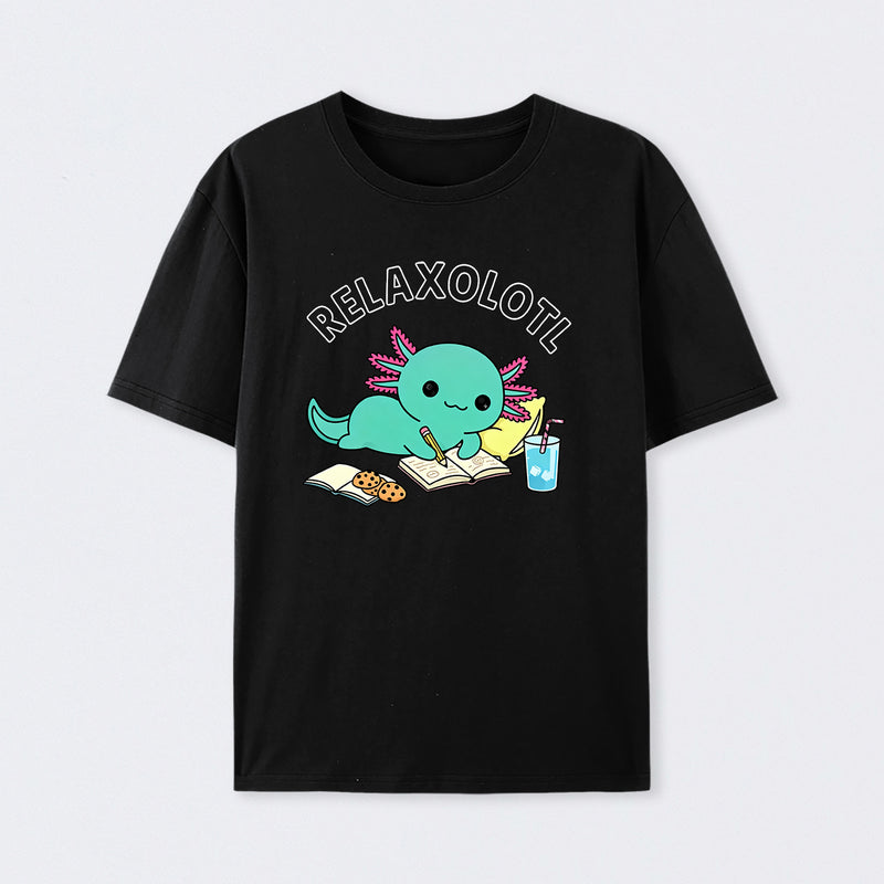 Relaxolotl ¨C Cute Axolotl Relaxing Enjoying Reading And Cookies T-Shirt