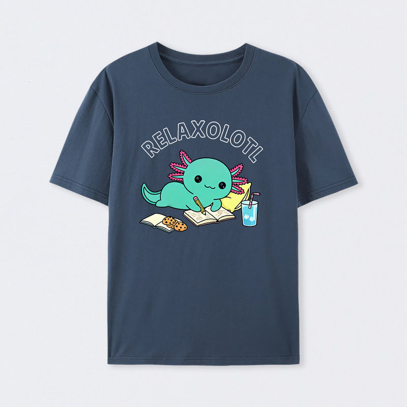 Relaxolotl ¨C Cute Axolotl Relaxing Enjoying Reading And Cookies T-Shirt