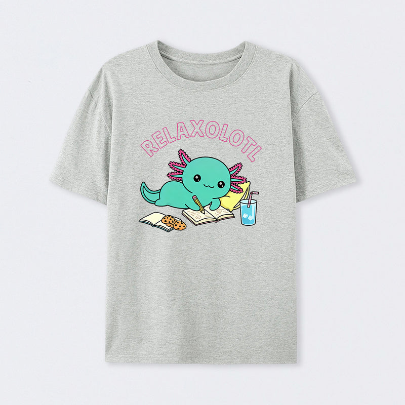 Relaxolotl ¨C Cute Axolotl Relaxing Enjoying Reading And Cookies T-Shirt