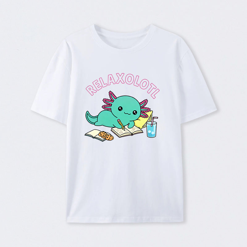 Relaxolotl ¨C Cute Axolotl Relaxing Enjoying Reading And Cookies T-Shirt