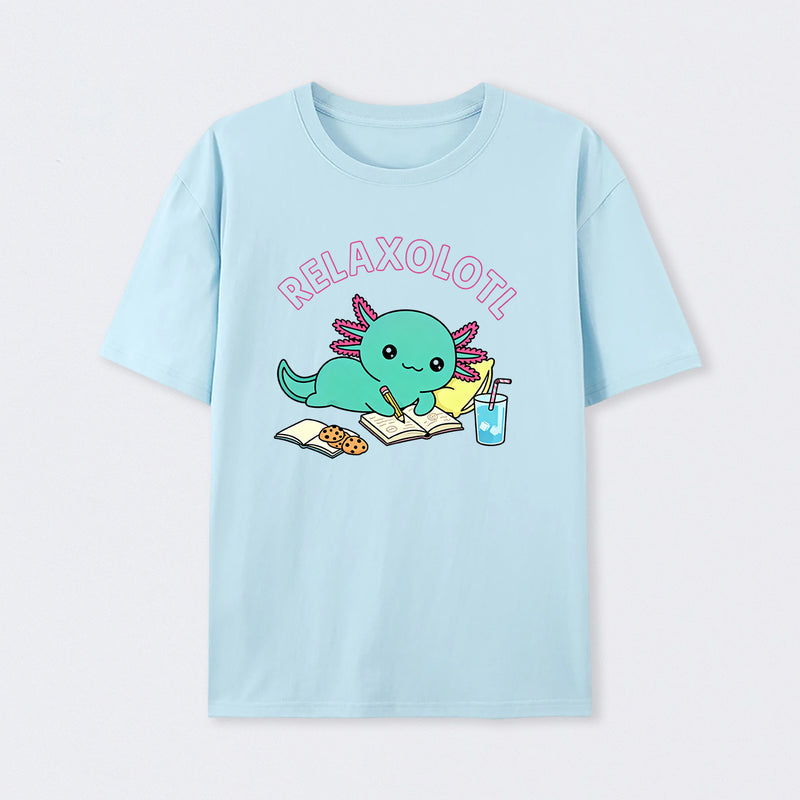 Relaxolotl ¨C Cute Axolotl Relaxing Enjoying Reading And Cookies T-Shirt