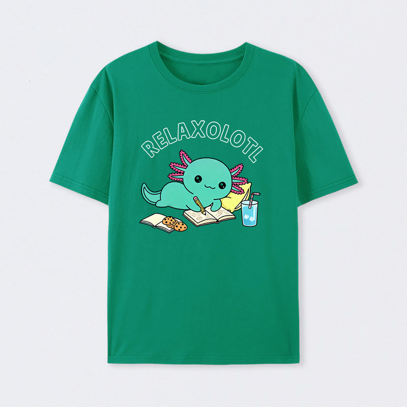 Relaxolotl ¨C Cute Axolotl Relaxing Enjoying Reading And Cookies T-Shirt
