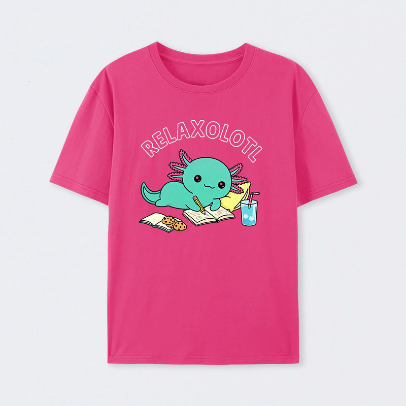 Relaxolotl ¨C Cute Axolotl Relaxing Enjoying Reading And Cookies T-Shirt