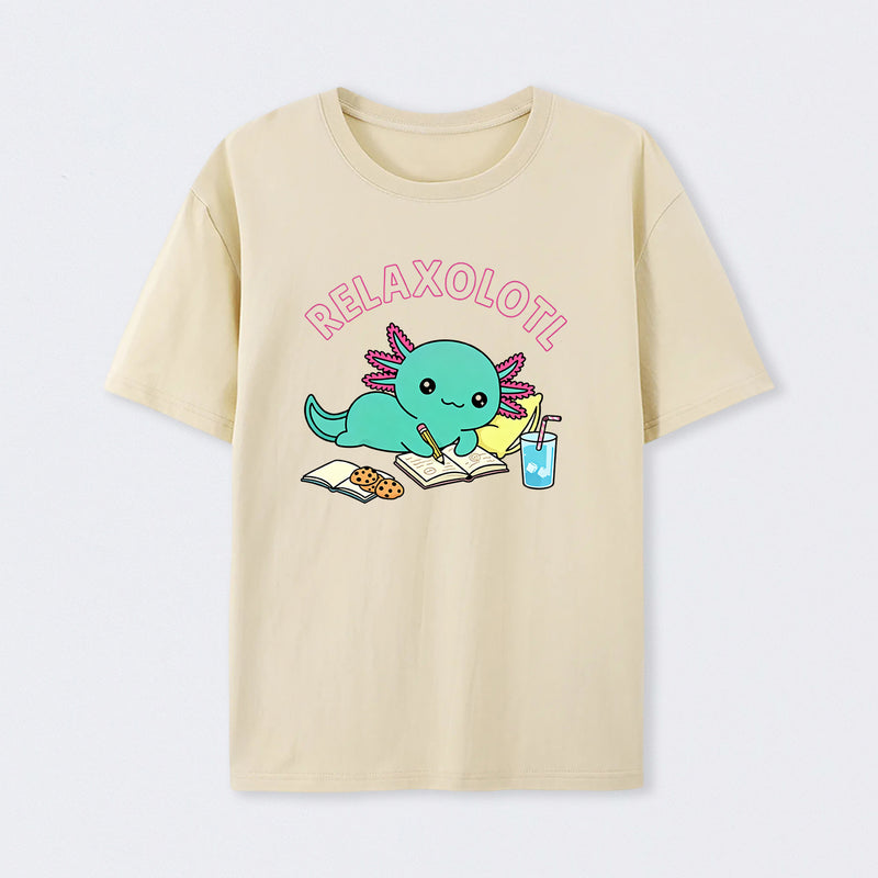 Relaxolotl ¨C Cute Axolotl Relaxing Enjoying Reading And Cookies T-Shirt