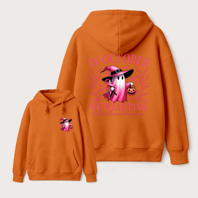 In October We Wear Pink Ghost Halloween Breast Cancer Awareness Hoodie