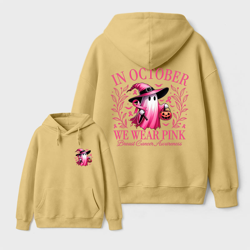 In October We Wear Pink Ghost Halloween Breast Cancer Awareness Hoodie