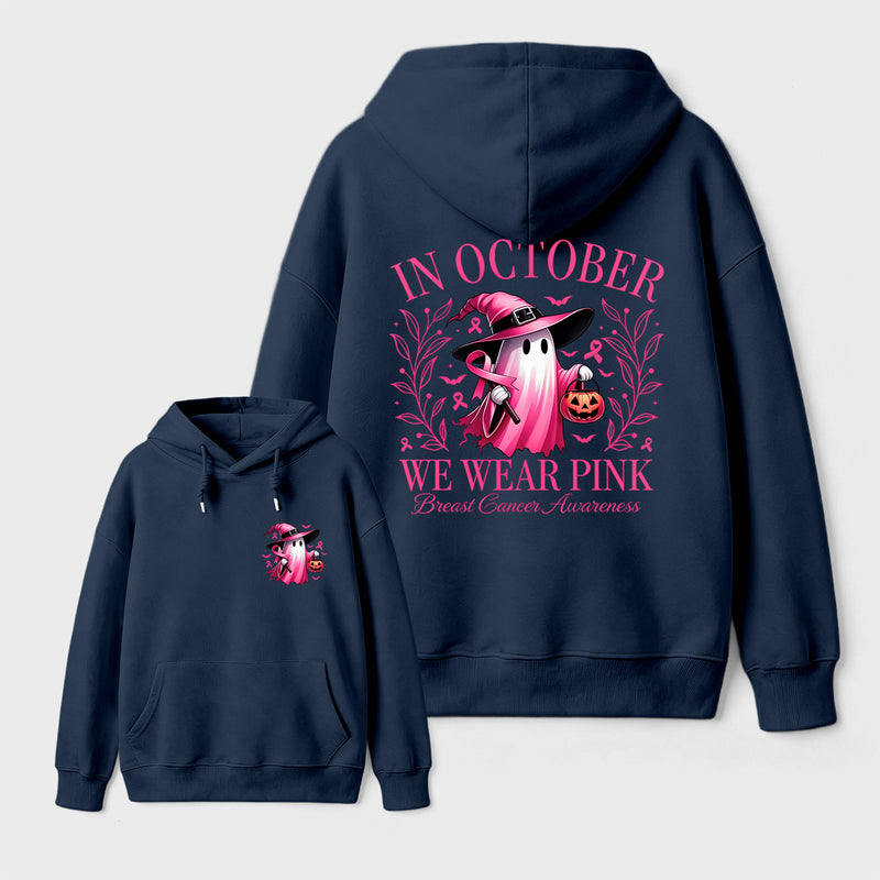 In October We Wear Pink Ghost Halloween Breast Cancer Awareness Hoodie