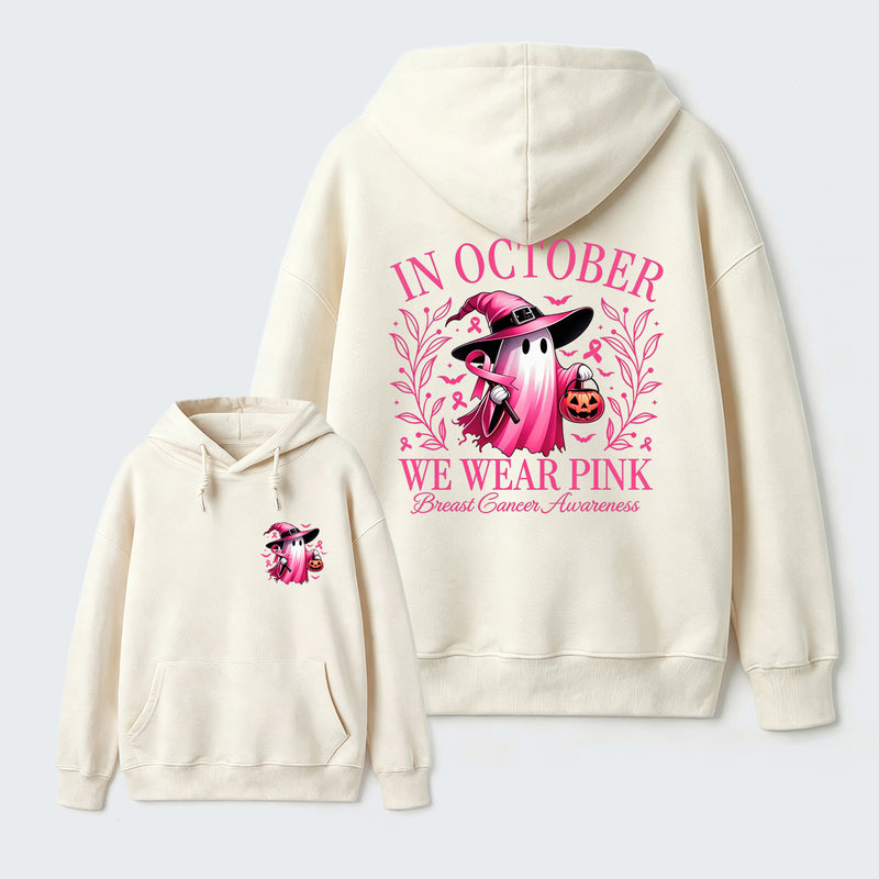 In October We Wear Pink Ghost Halloween Breast Cancer Awareness Hoodie